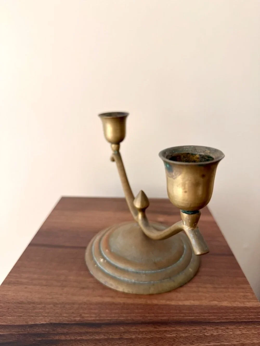 Vintage Antique Brass Double-Arm Candle Holder with Patina MCM